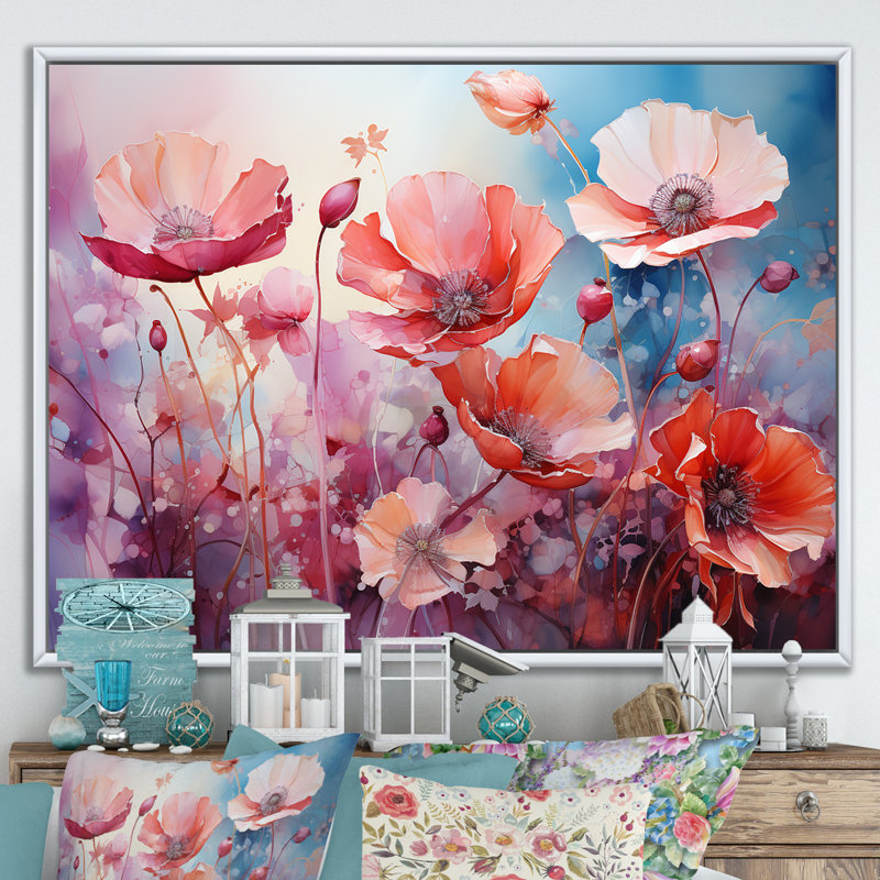 «Pink Crimson Flower Meadow Field» sur toile, Cadre flottant blanc, H 34 po x l 44 po