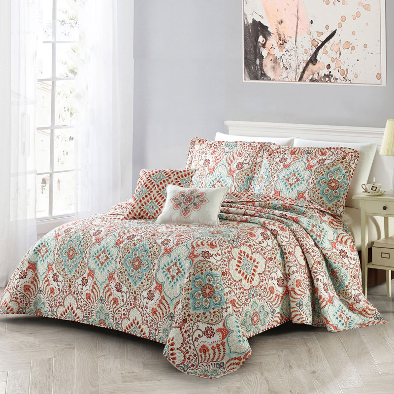 5 Piece Bennington Printed Microfiber Quilt Set, King Bedspread + 2 Shams + 2 Throw Pillows