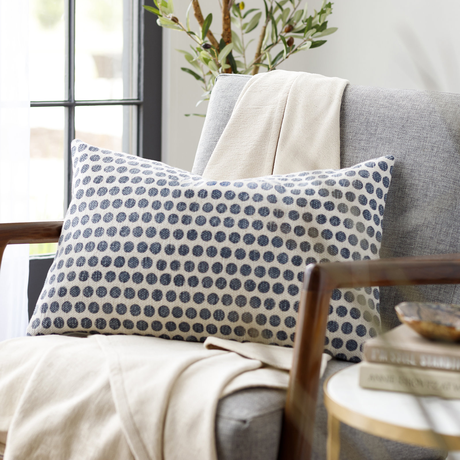 Zetta Polka Dots Cotton Throw Pillow, Light Beige/Dark Blue, Down