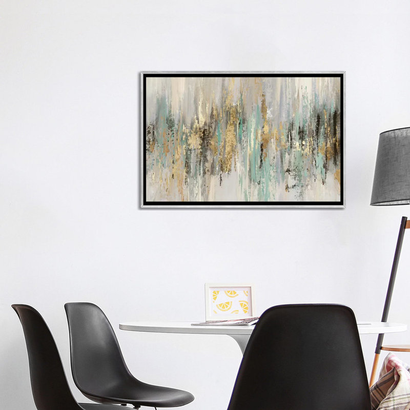 «Dripping Gold I» par Tom Reeves - reproduction imprimée, H 32 po x l 48 po x P 1,5 po, Toile avec cadre photo, Argent argent