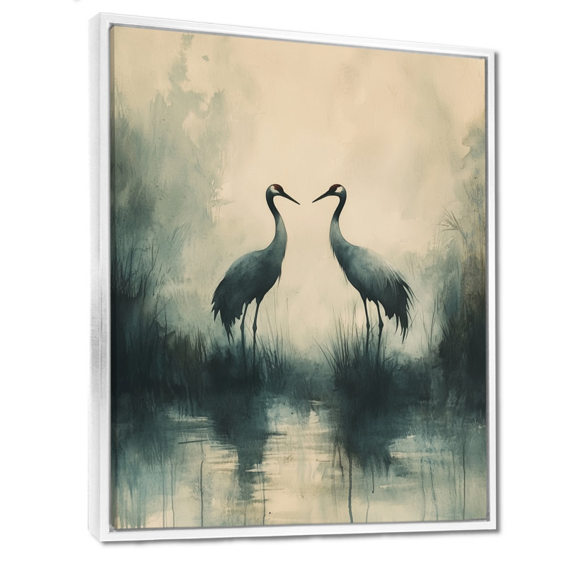 Kolton Cranes In The Misty Marsh III - Heron, art mural, H 32 po x l 16 po, Impression encadrée flottante, Blanc