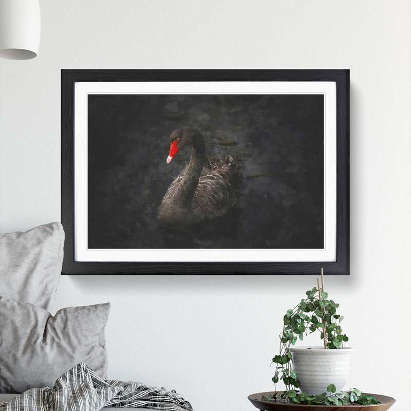 Black Swan - Picture Frame Painting, 27cm H x 36cm W x 2cm D, Black Framed