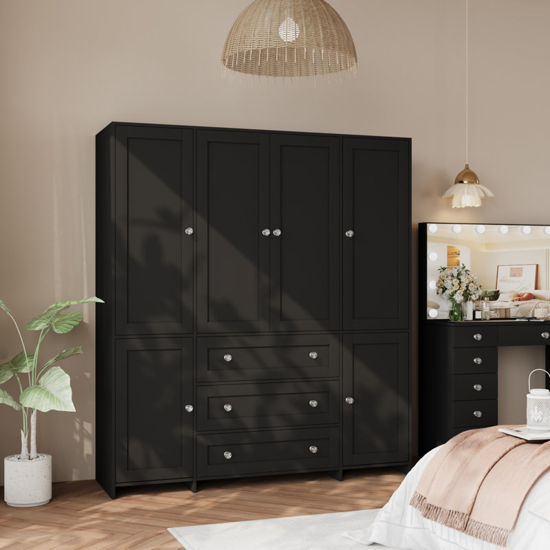 Armoire 6 portes avec miroir, garde-robe avec 3 tiroirs, Noir