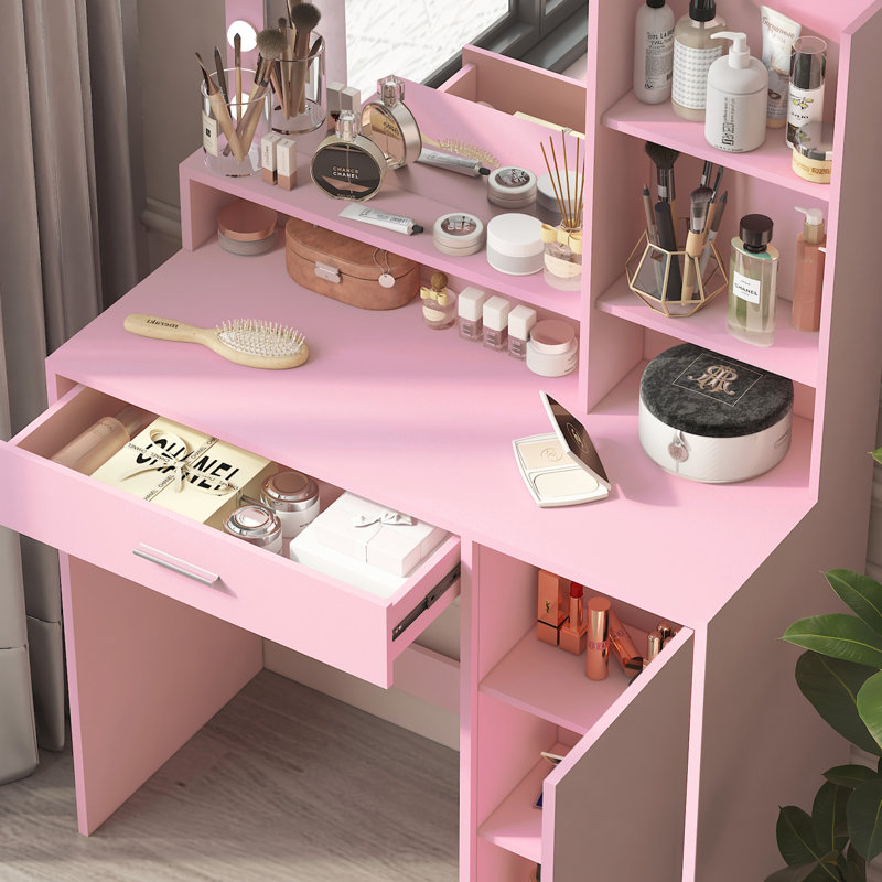 Vanity Desk with LED Mirror, Large Drawer, and 3-Tier Storage Shelf  3 Lighting Modes, Baby Pink