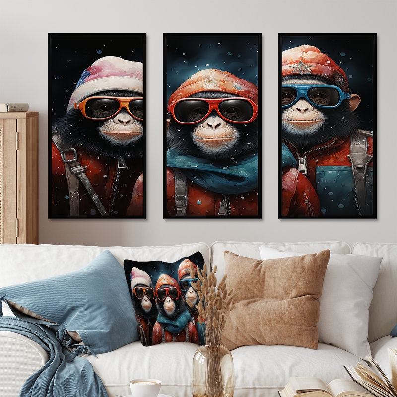 Pop Art Monkeys At The North Pole - Art mural singe, 28" H x 36" W, Cadre flottant noir