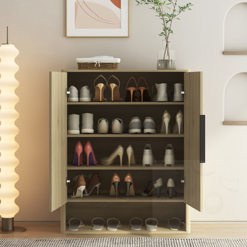 Range-chaussures en bois avec portes et tablettes réglables, Chêne