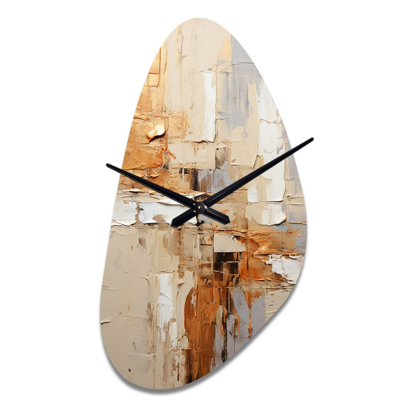 Beige Grey Geometric Collage II - Abstract Collages Unique Shape Metal Wall Clock, Beige Asymmetrical Wall Clock Print, Large
