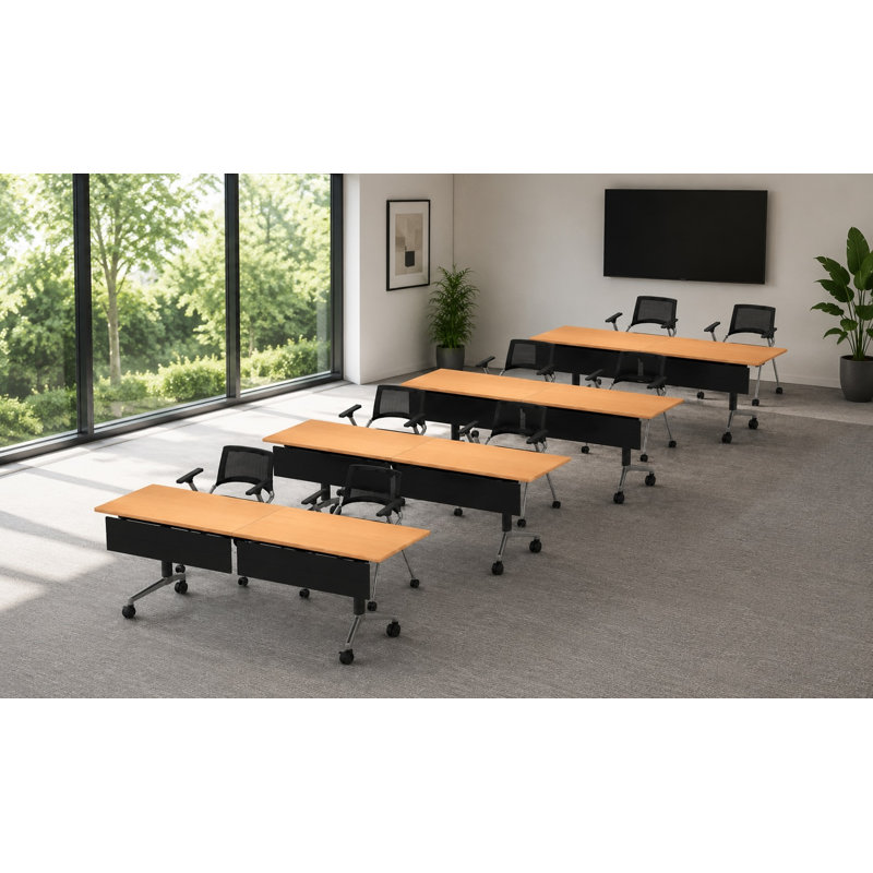 Tables de formation mobiles commerciales avec alimentation intégrée et chaises de travail empilables | Ensemble de 4 tables et 8 chaises | Tables de formation pliantes et empilables de 203 cm (80 po) | Mobilier pour salles de conférence et salles de classe | Hêtre 8 places