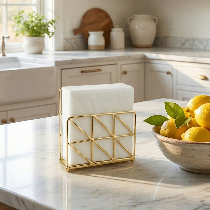 Gold Wire Napkin Holder, Geometric Metal Freestanding Stand with Open Triangular Frame