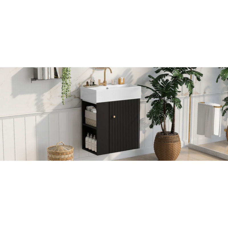 [Vidéo] Meuble-lavabo flottant de 21,6 po avec lavabo en céramique - Petite salle de bain parfaite, rangement à gauche