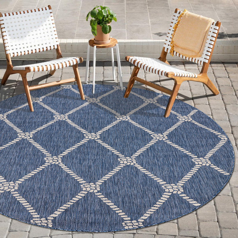 Tapis d'intérieur / extérieur bleu / beige Holahan, Rond 7 pi 6 po