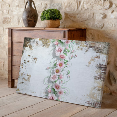 Toile, composition sereine et élégante mettant en vedette des fleurs roses délicates en cascade vers le bas du coin supérieur gauche, art mural sur toile entrelacé