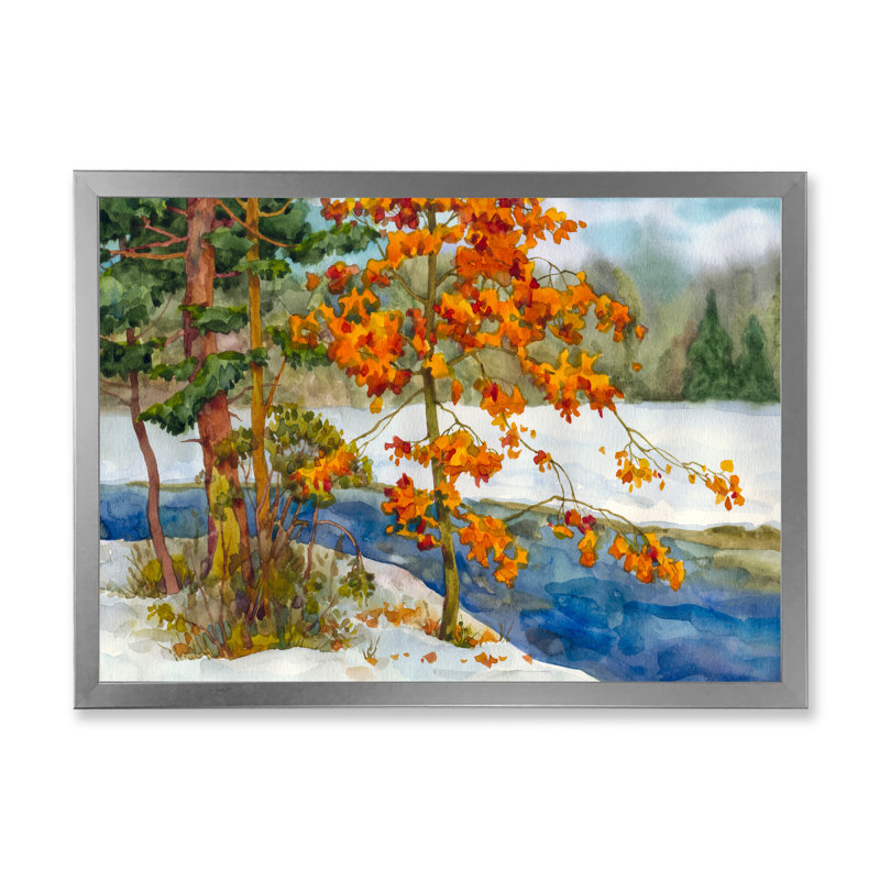 " Stream In The Winter Forest I " Painting Print, Silver Framed Canvas, 12" H x 20" W x 1.5" D