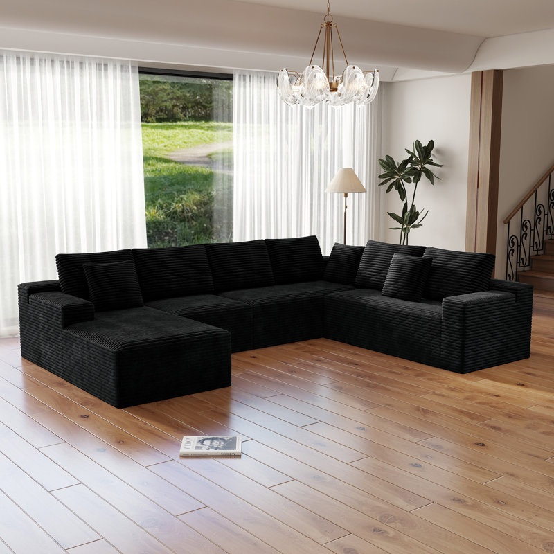 Canapé modulaire en forme de U pour 5 personnes Koli, canapé à compression, velours côtelé noir, faisant face à droite