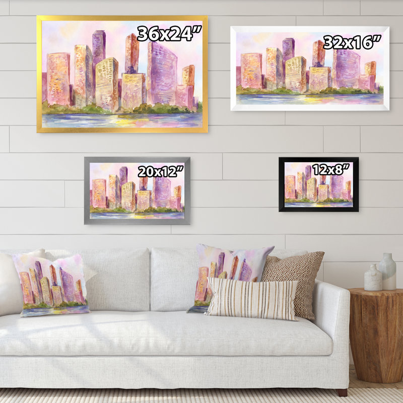 Metropolis City at Sunset - Peinture sur toile encadrée, Cadre photo noir, H 8 po x l 12 po x P 1 po