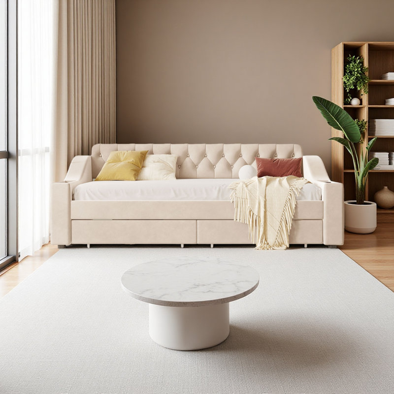 Twin Size Upholstered Daybed With Storage Armrests And USB Port, Beige
