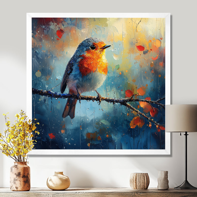 Oiseau Robin dans la rosée du matin - Art mural oiseau, Reproduction encadrée d'une seule photo, H 16 po x l 16 po, Blanc
