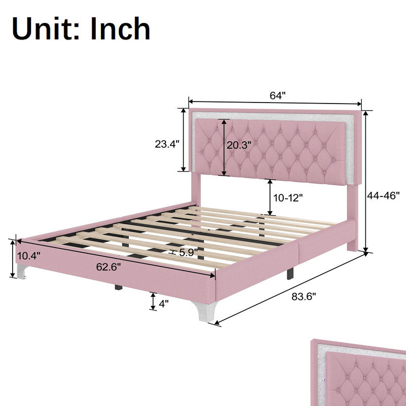 Grand lit plateforme tapissier avec tête de lit capitonnée, lit plateforme en velours avec lumières DEL, Rose