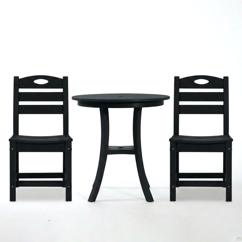 Ensemble bistro 3 pièces en PEHD noir avec table ronde et 2 chaises noires, Noir