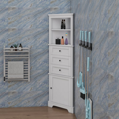 Armoire de coin triangulaire avec trois tiroirs et tablettes réglables