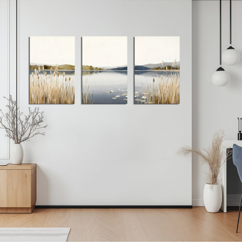«Lakeside Reeds and Reflections», art mural tendu sur toile tendue (ensemble de 3), H 30 po x l 60 po
