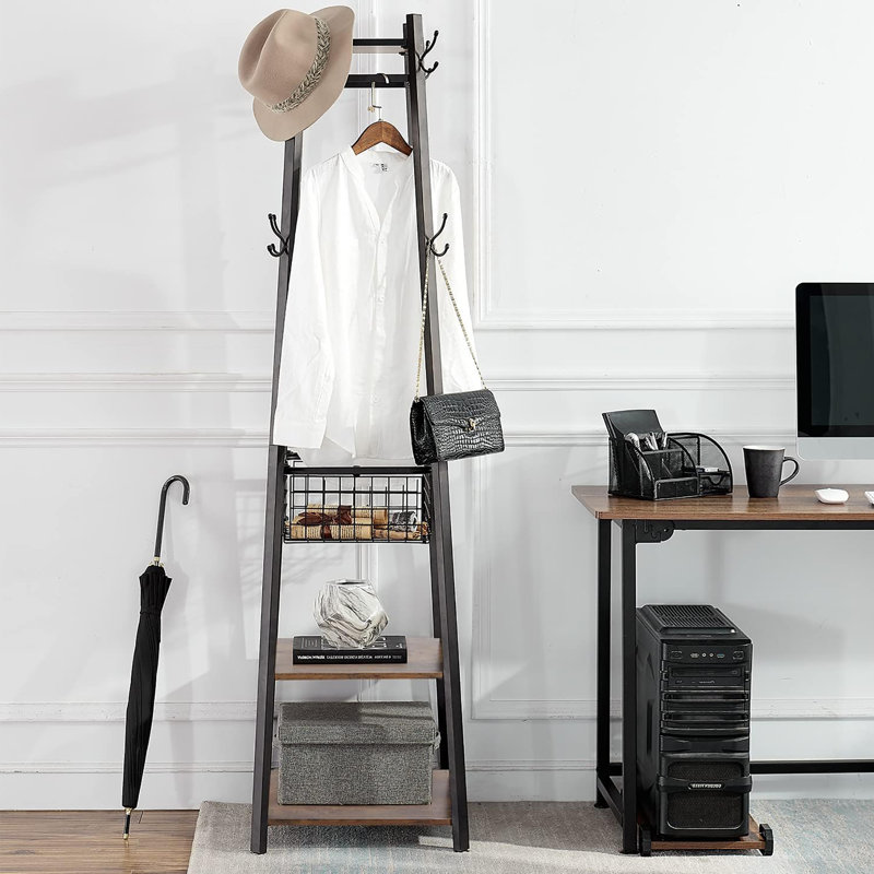 Portemanteaux de style industriel amélioré: 2 tablettes, panier en métal et 8 crochets doubles, Brun
