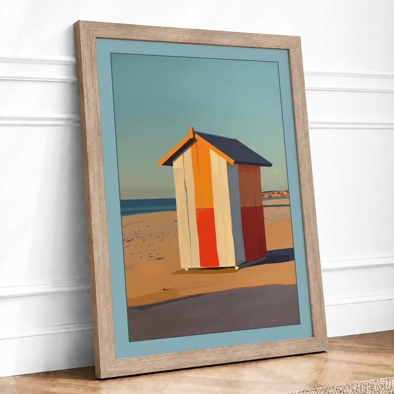 Striped Beach Hut Coastal - Framed Print, A4 - 29.7 x 21.0 cm, Oak