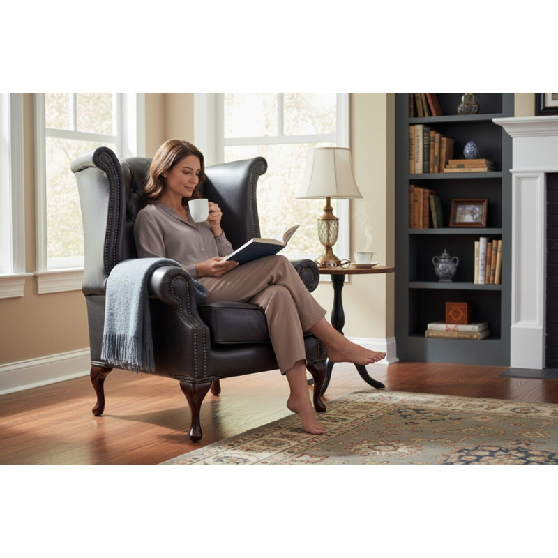 High Back Chesterfield Upholstered Wingback Chair, Cracked Wax Black