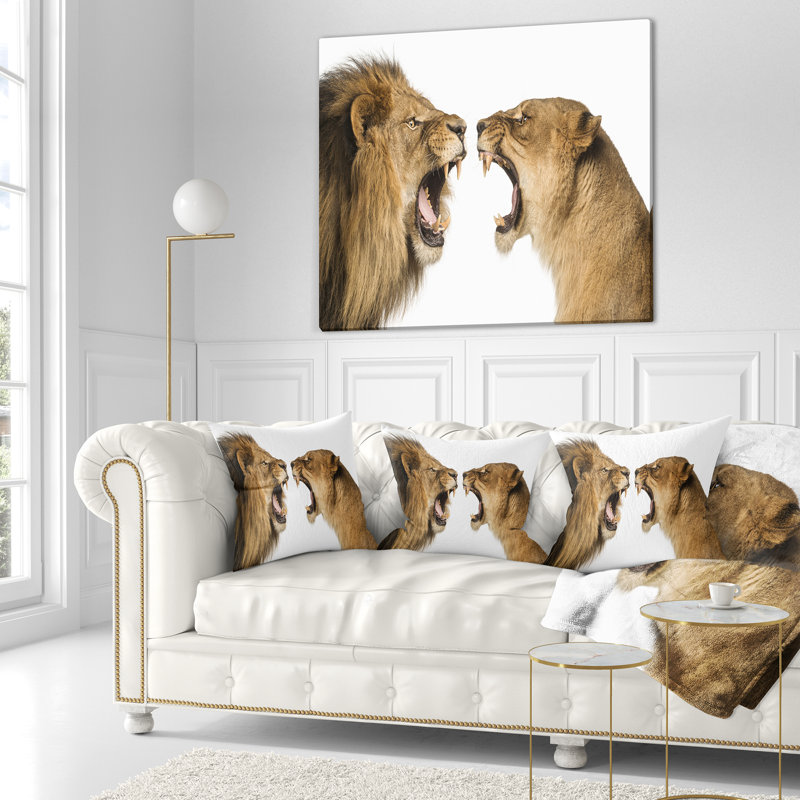Lion et lionne rugissant - Coussin imprimé animal, 16 po x 1 po, Coussin décoratif