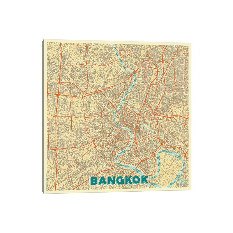 Bangkok Retro Urban Blueprint Map 1 Piece Wrapped Canvas Wall Art, 45.72 cm H x 45.72 cm W x 1.91 cm D