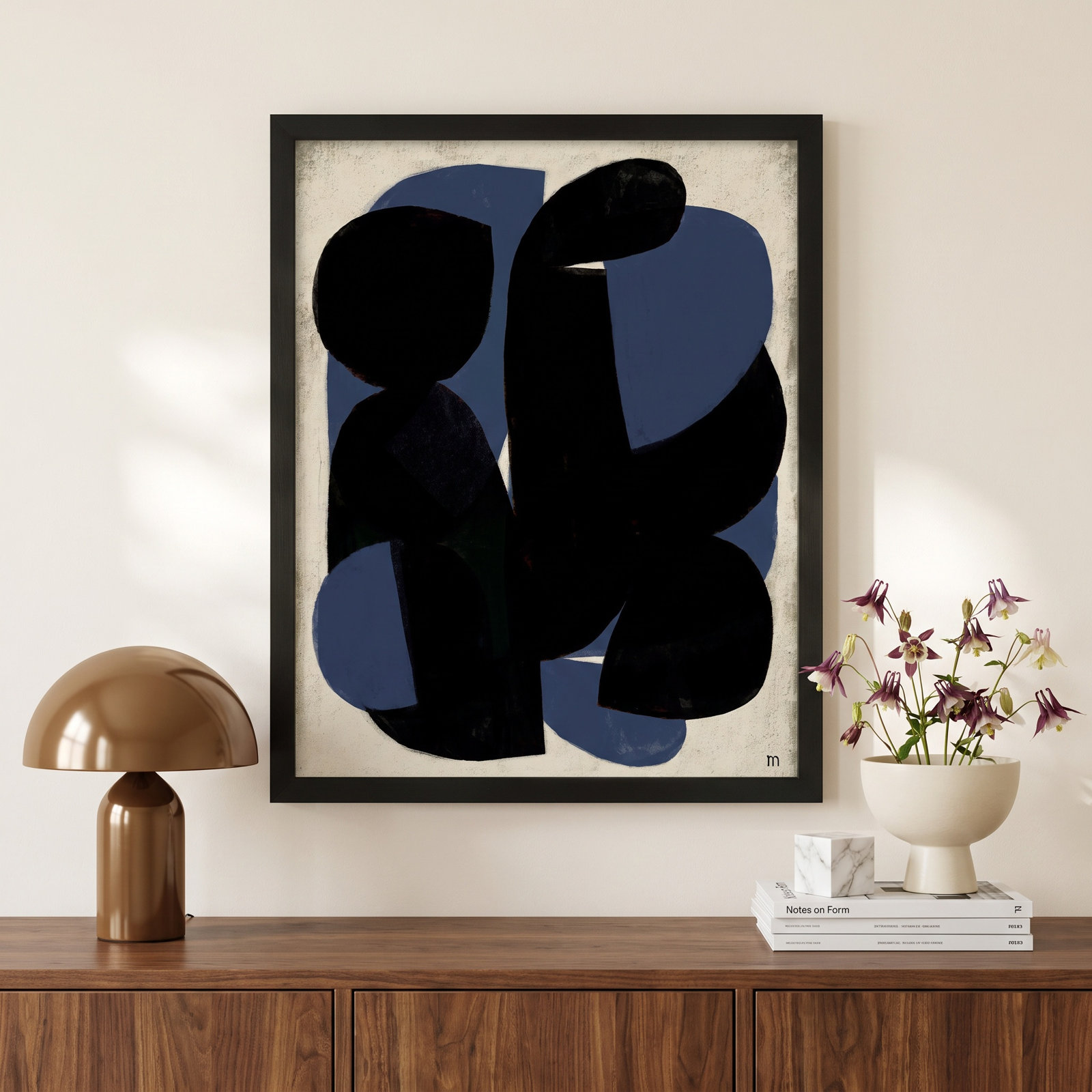 Blue Note Painting, 20" H x 16" W x 1.25" D, Black Framed Paper