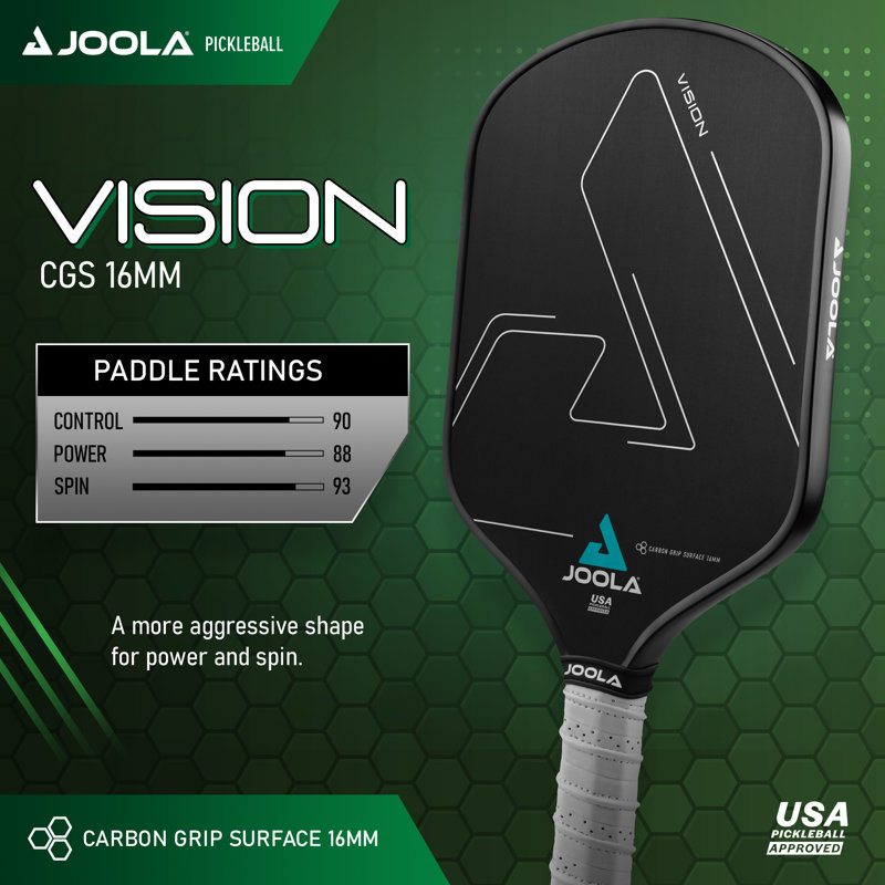 Joola Vision Pickleball Paddle With Textured Carbon Grip Surface Technology For Maximum Spin And Control With Added Power - Polypropylene Honeycomb Core Pickleball Racket - Cgs 14Mm