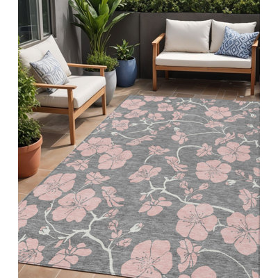 Tapis extérieur lavable floral gris et ivoire 5 pi x 8 pi