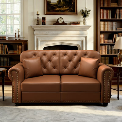 Mid-Century Modern 63" Upholstered Sofa With Nailhead Trim, Faux Leather, Chesterfield Sofa With Button Tufted