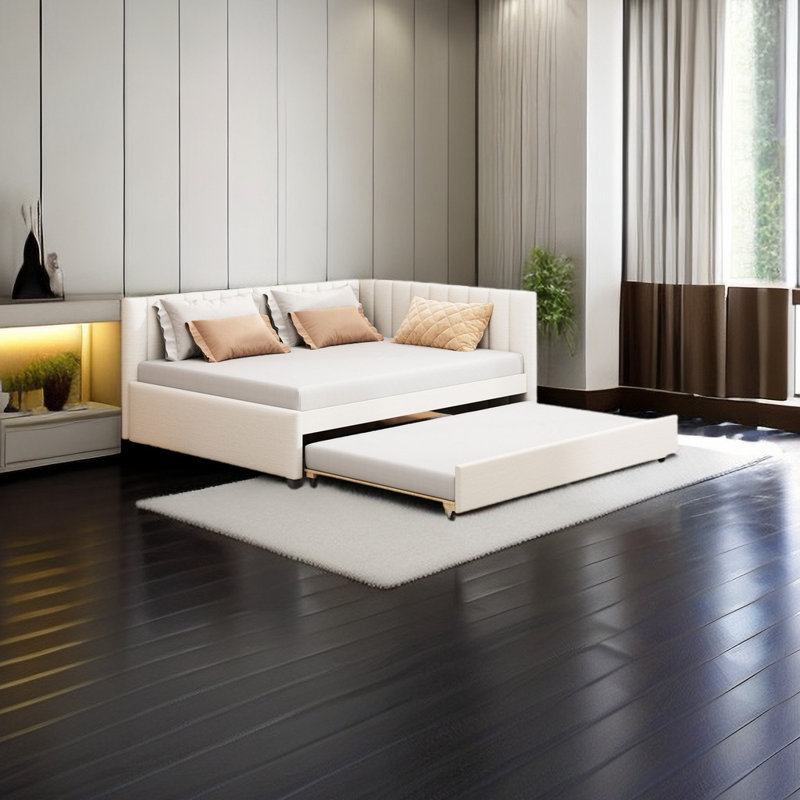 Deisel Upholstered Linen Daybed with Trundle Bed, Beige