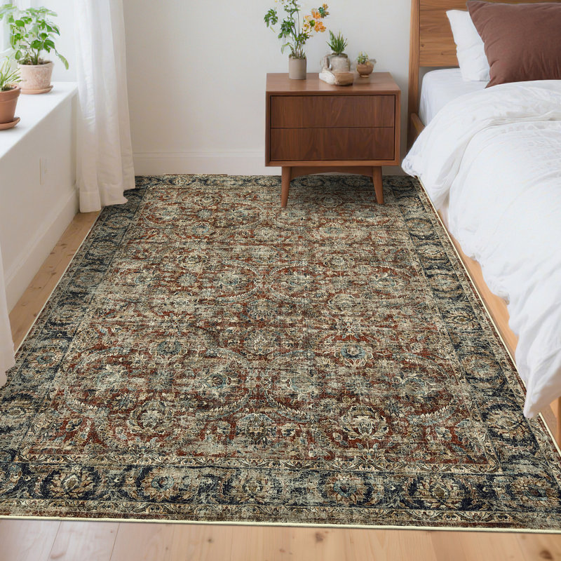Tapis lavable rétro pour chambre à coucher, salon, salle à manger, Rouge, Rectangle 5 pi x 7 pi