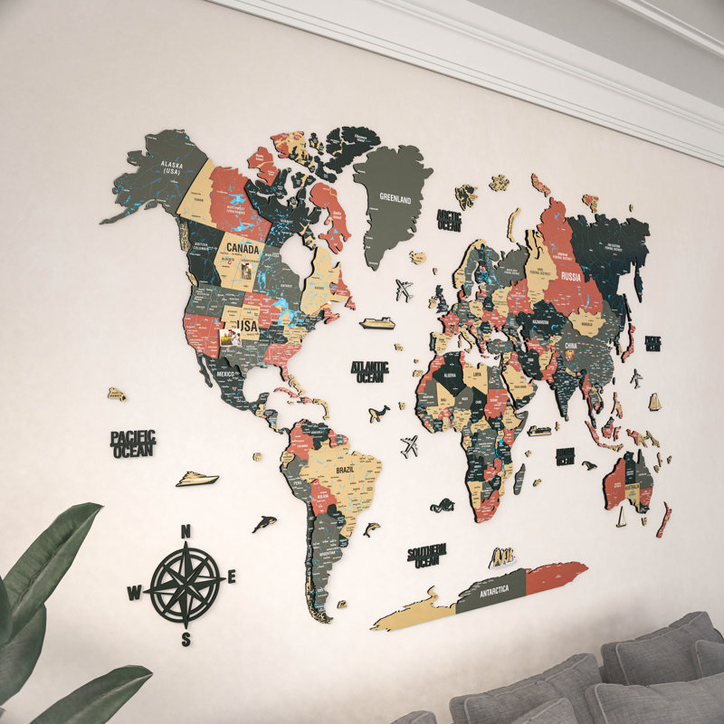 3D Wooden World Map – Multicolor UV Printed Wall Art, Modern Home & Office Decor, 73.8" H x 118.1" W x 0.4" D, Sage