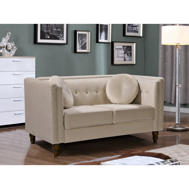 Eveland 58.3" Velvet Tuxedo Arm Chesterfield Loveseat, Ivory Velvet