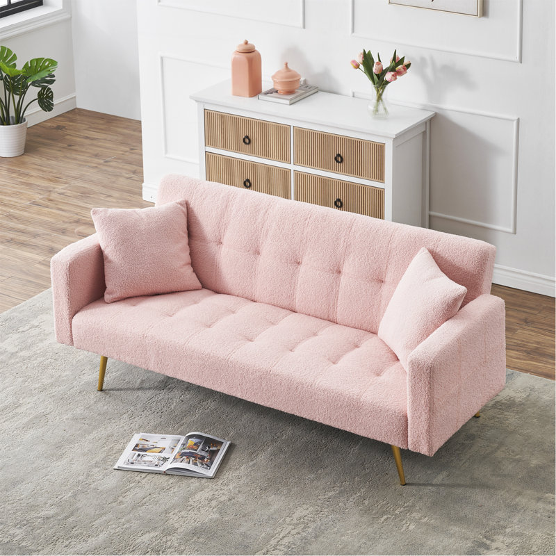 71.7 - Inch Pink Teddy Fleece Sofa Bed With Two Complimentary Throw Pillows, Pink Teddy