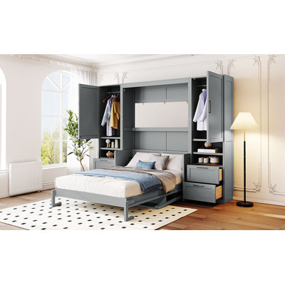 Lit escamotable double pleine grandeur avec placard, tiroirs et tablettes