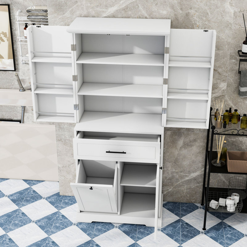Armoire de rangement autoportante avec panier à linge inclinable, tiroirs et tablette réglable