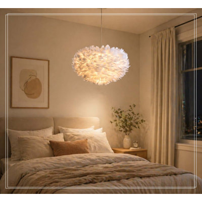 18 Inches White Feather Chandeliers for Living Room, 3 Lights Modern Romantic White Feather Fixture for Girls Room Bedroom