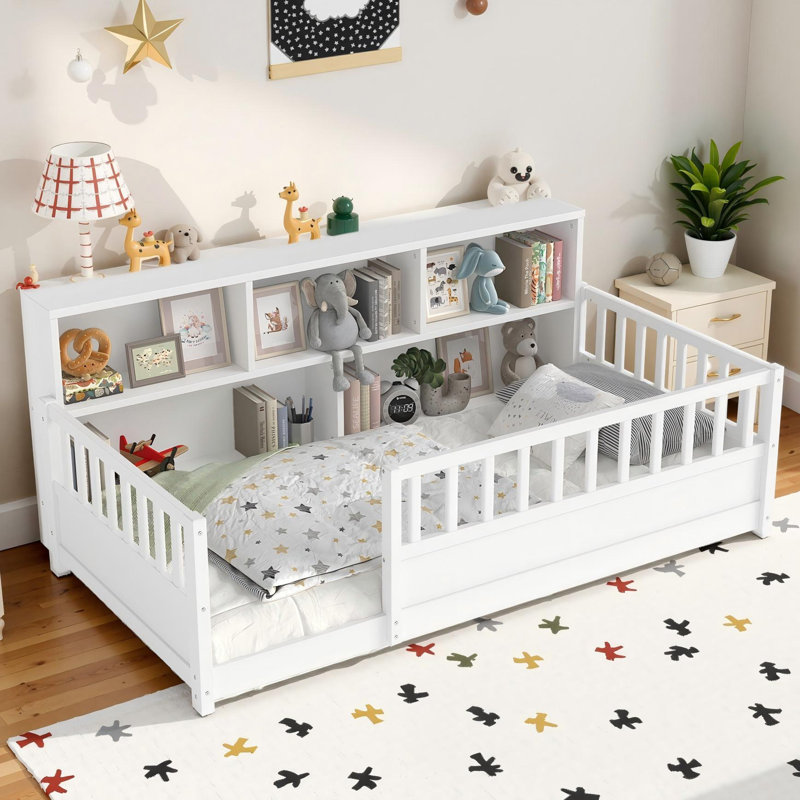Twin Size Wooden Floor Bed With Extra-High Safety Guardrails, Side Storage Decorative Function, Twin, White