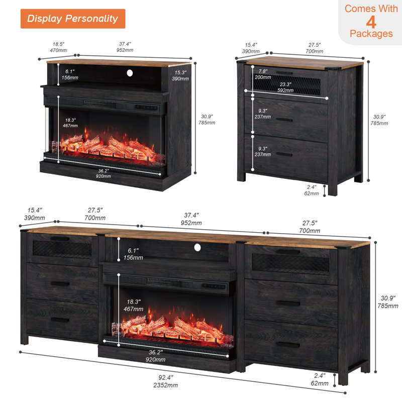 Khimani 6-Drawer TV Stand Fireplace, Black