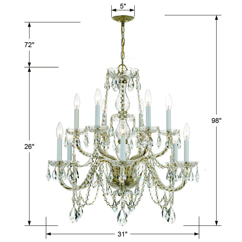 Lustre étagé de style bougie à 12 lumières Eivind, Swarovski Spectra, Laiton poli