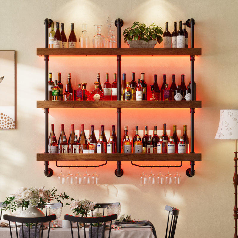 Floating Bar Shelves For Liquor, Wall-mounted Wine Rack With Led Light, Hanging Wine Rack With Stemware Glass Holders For Kitchen, Dining Room, Bar Decor Storage Display