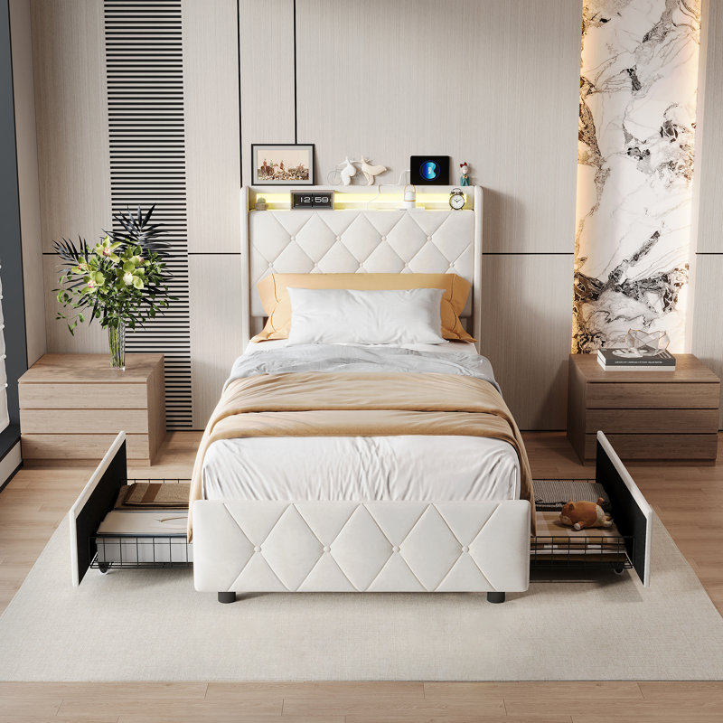 Upholstered Bed, European Single (90 x 200 cm), Beige