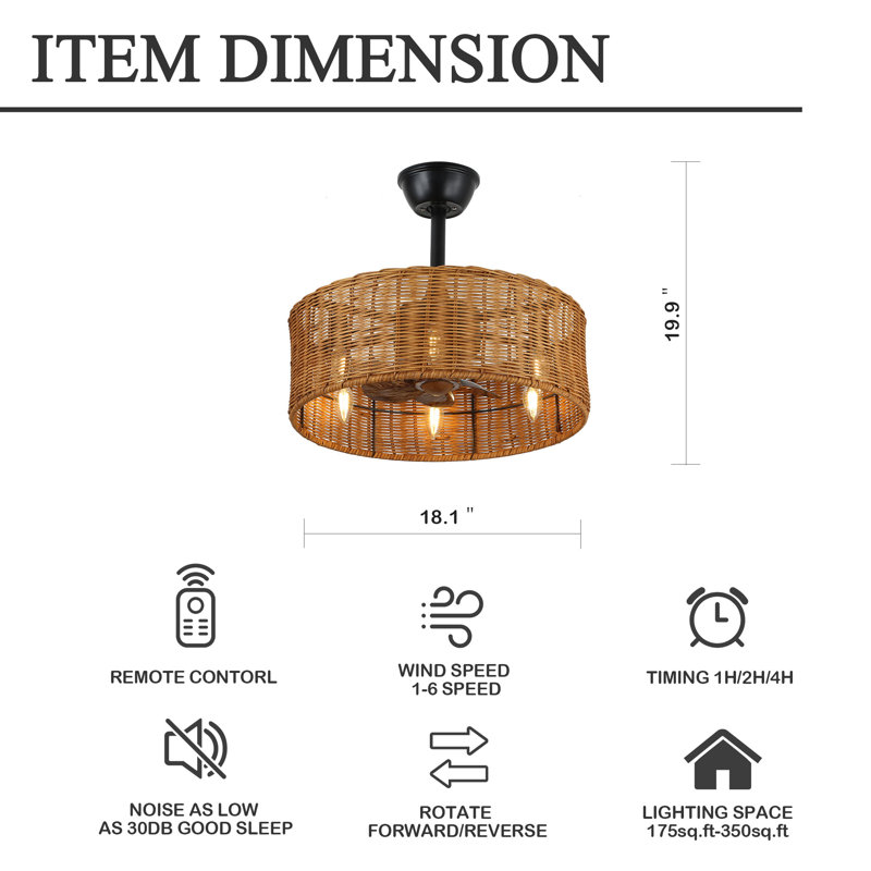 18" Boho Rattan Caged Ceiling Fan with Lights and Remote Control, Quiet DC Motor, 6-Speed and Timer