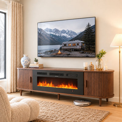 80" Walnut Fluted Fireplace TV Stand With Remote & Touch Control, Adjustable Flame Colors & Temperature, Entertainment Center With Storage For 90" Tvs, Modern Media Console For Living Room