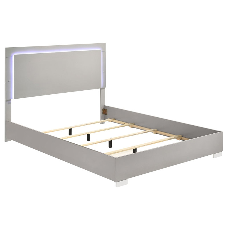 Taupe Transitional Bed For Eastern King Size, Led - Ornamental Headboard, Metal And Engineered Wood Bedframe With Vertical Handles Dull Finish Contemporary Built In On Finished Of Wood, Ideal Bedroom